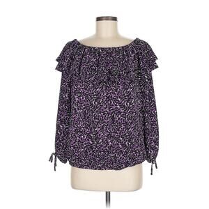 Michael Kors Purple Black White Floral Leaf Long Sleeve Off-The-Shoulder Blouse
